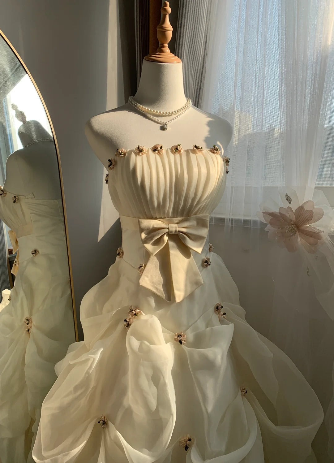 Robe de soirée élégante et exquise en tulle, longueur au sol, à volants, motif floral, ivoire, gh4133