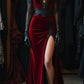 Girlhomeshops-Burgundy lace sweetheart neckline slit sexy long velvet prom dress gh5431