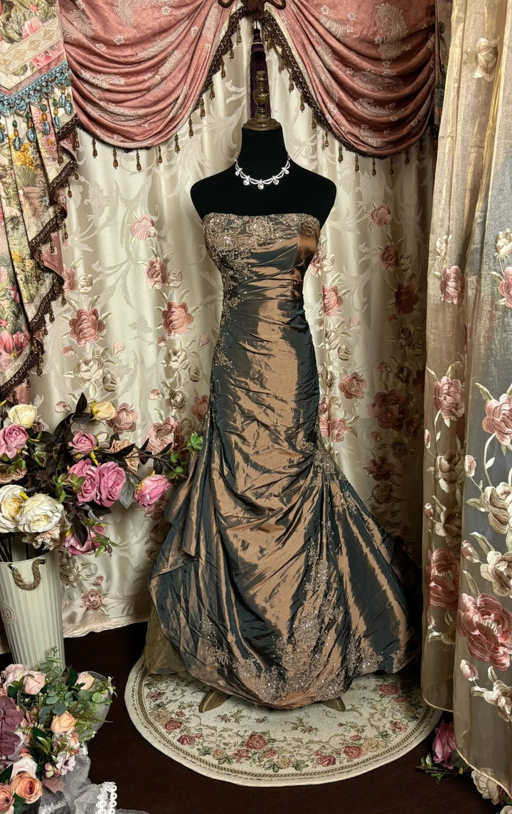 Robe de soirée longue en satin marron, élégante et vintage, avec perles, longueur au sol, gh3926