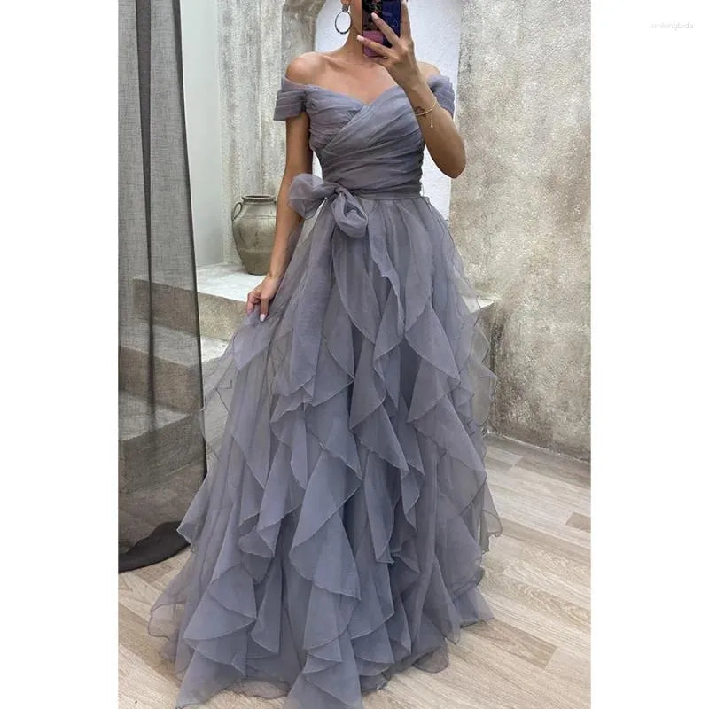Robe de soirée longue en tulle à volants, élégante et violette, ligne A, robe de soirée gh2783