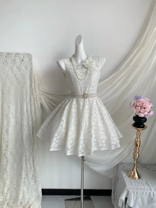 Girlhomeshops-White Vintage Lace Short Homecoming Dress Birthday Party Dress gh5238