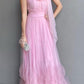 Pink suspender bow tulle long ball gown evening dress wedding guest dress bridesmaid dress gh3102