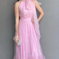 Pink suspender bow tulle long ball gown evening dress wedding guest dress bridesmaid dress gh3102