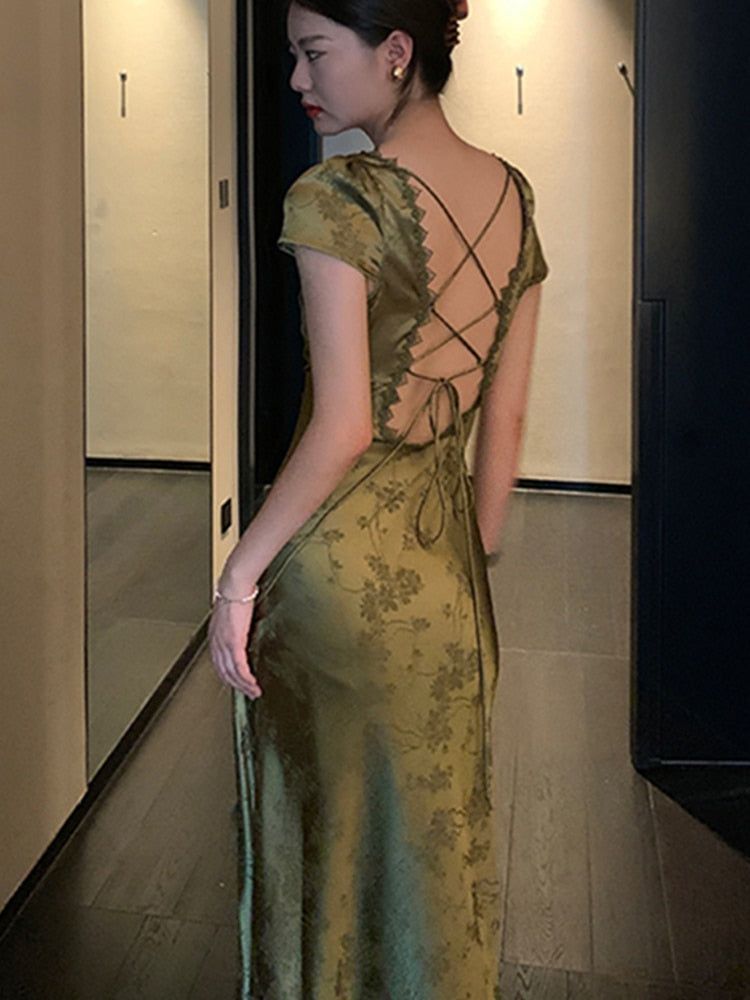 Girlhomeshops-Green open back elegant dress, French country style dress, wedding guest dress, prom dress, birthday dress, evening dress, party dress gh5157