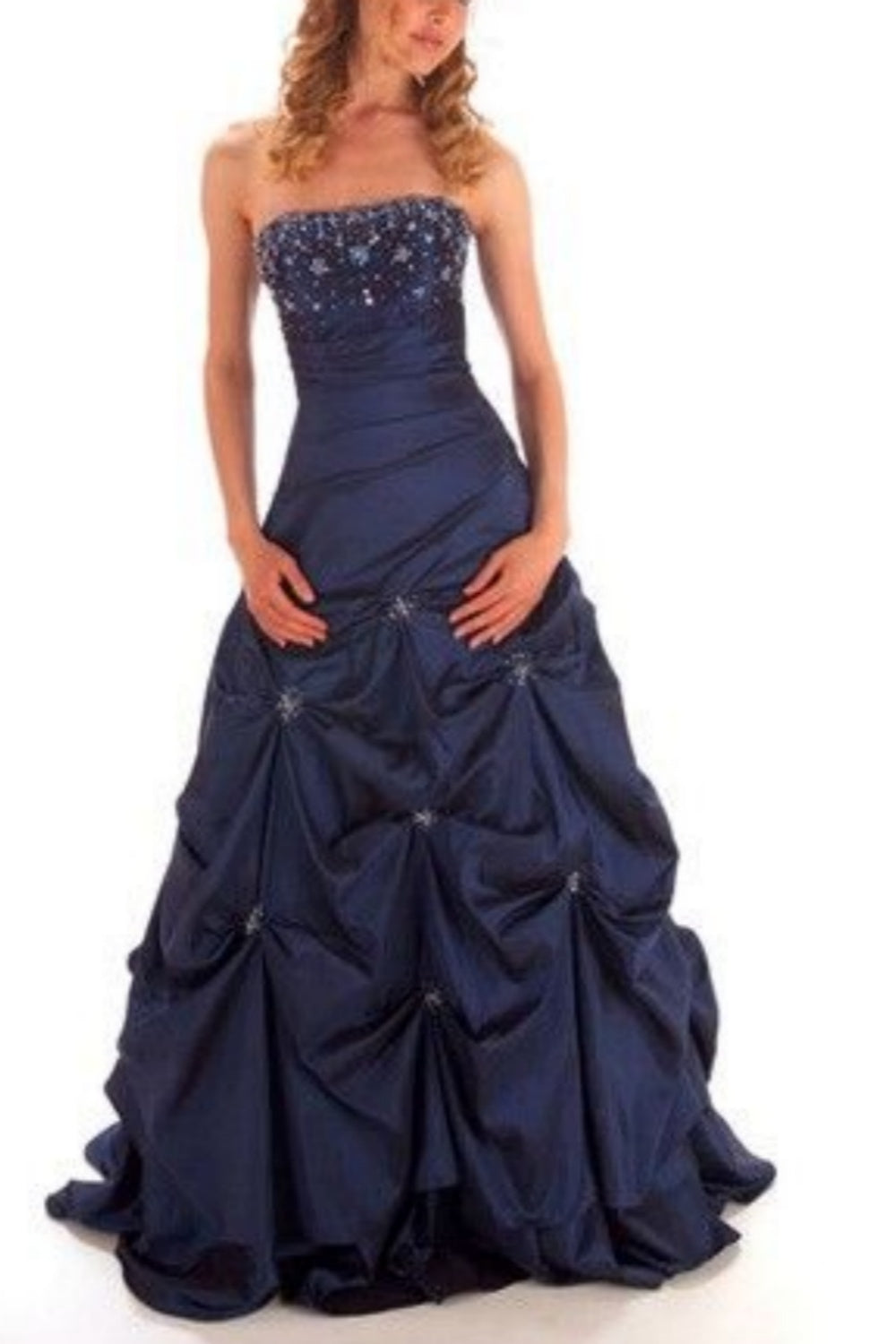 girlhomeshops - Elegantes, marineblaues, trägerloses Ballkleid mit perlenbesetztem Oberteil und gerüschter Verzierung gh5814