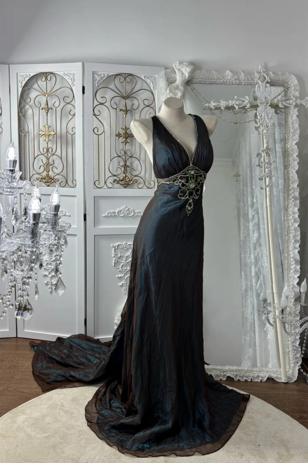 Black Ombré Halter Gown: Beaded Waist & Flowy Train gh7065