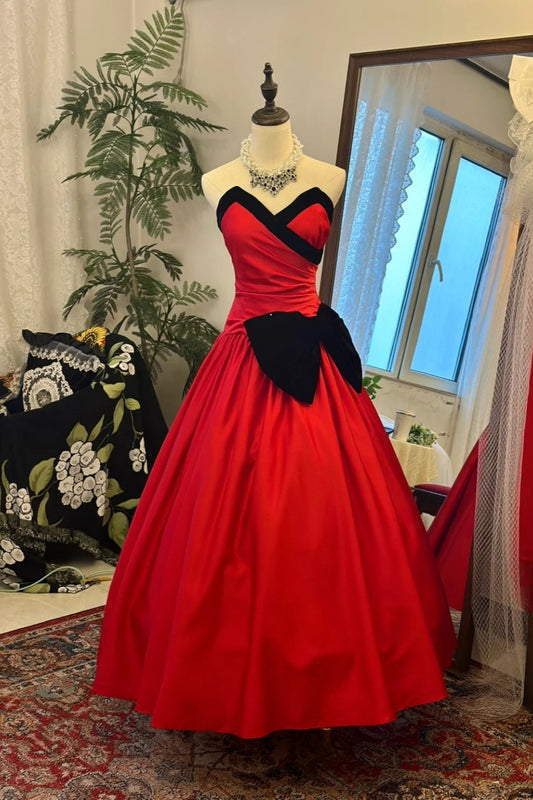 Robe de bal bandeau rouge et noire à blocs de couleurs : nœud 3D, robe évasée cintrée à la taille, robe maxi rétro pour banquet, modèle gh6581