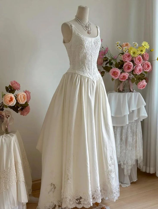 girlhomeshops - Robe longue en satin blanc, élégante et rétro, en dentelle, gh5704