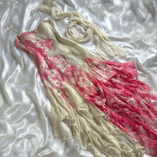 Robe de soirée élégante en mousseline de soie, longue, à volants, avec perles, motif floral, rose et blanc, gh3718