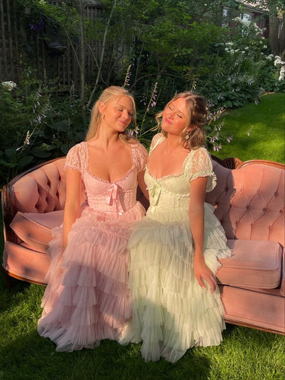 Pink/Green/Blue Delicate Lace Sweet Elegant Cute Long Layered Tulle Chiffon Ball Gown Evening Dress Garden Party Dress Prom Dress gh3780