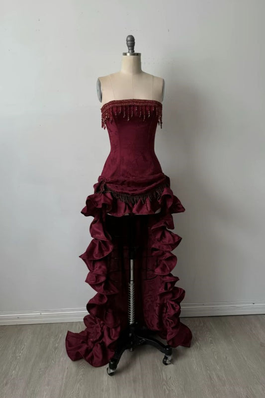 girlhomeshops-Burgundy vintage beaded evening dress, short in the front and long in the back, a stylish girl's evening gown gh6325