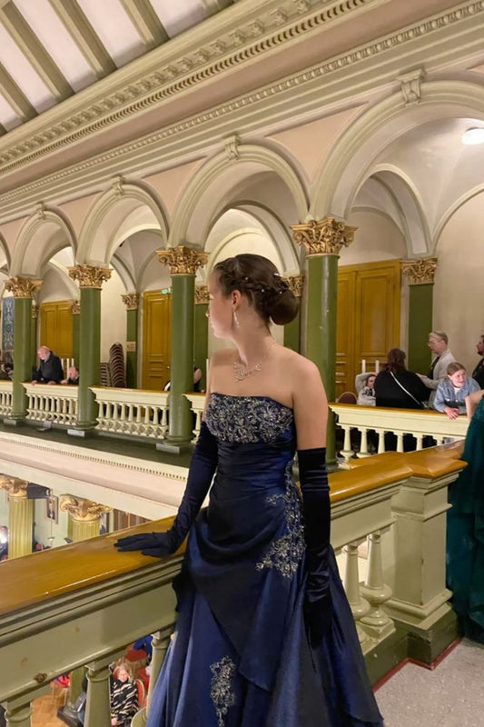 Girlhomeshops - Robe de soirée longue en satin bleu marine, style vintage, motif floral, GH5778