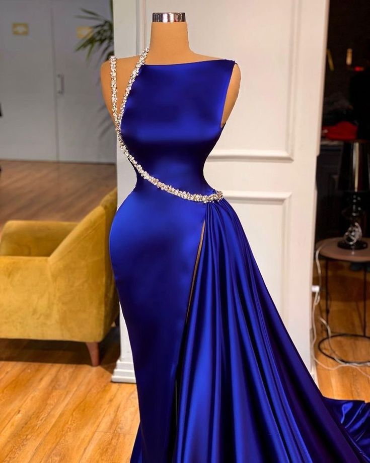 Blaues wunderschönes glänzendes langes Schlitz elegantes bodenlanges Ballkleid Abendkleid Partykleid gh3232