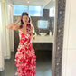 Hot Red Floral Print A-Line Backless Ruffle Long Chiffon Elegant Sexy Ball Gown Evening Dress Party Dress gh3185