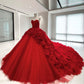 Red gorgeous elegant tube top floral long floor length trailing tulle ball gown evening gown wedding dress gh3140