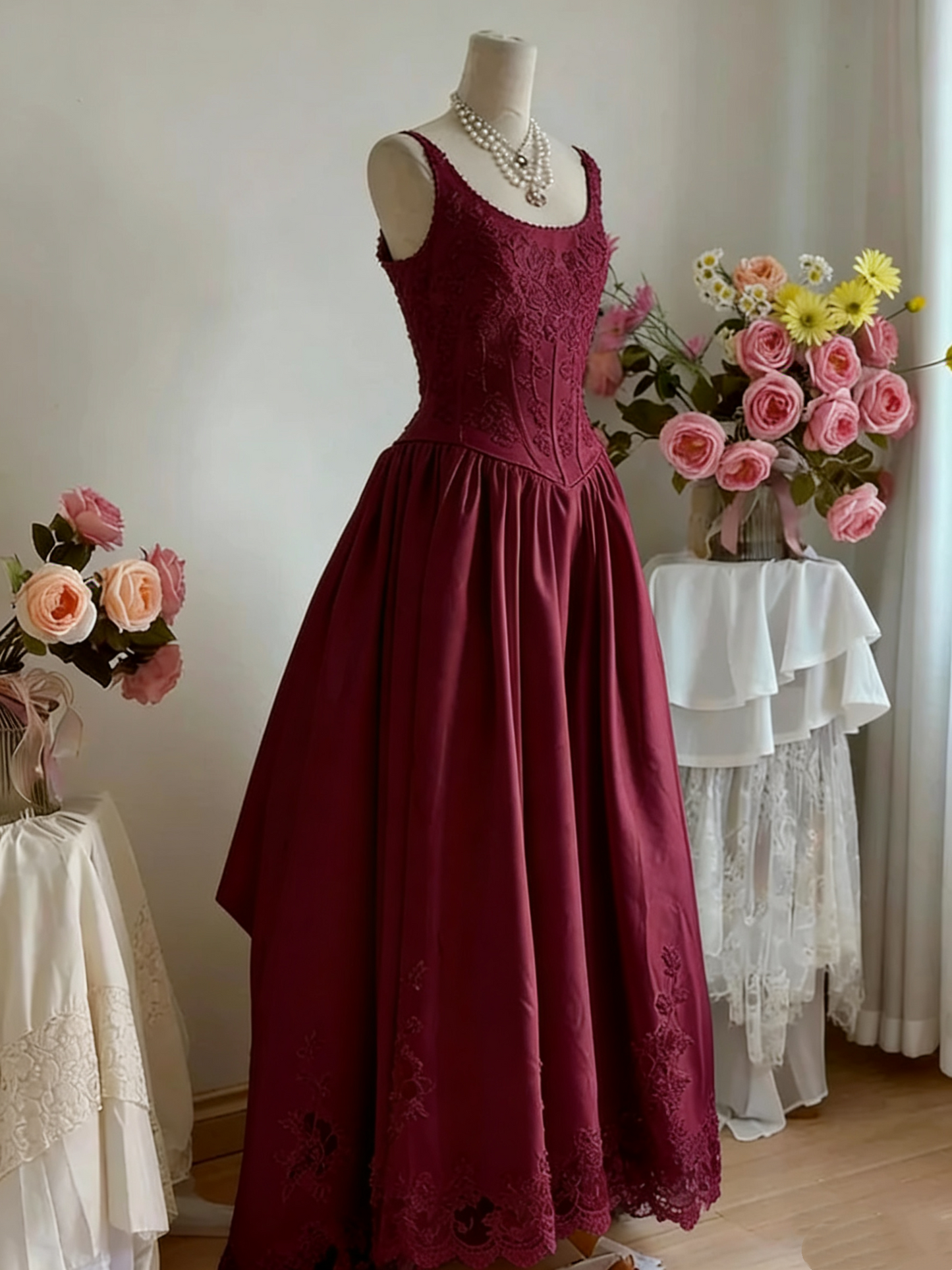 girlhomeshops - Robe longue en satin blanc, élégante et rétro, en dentelle, gh5704