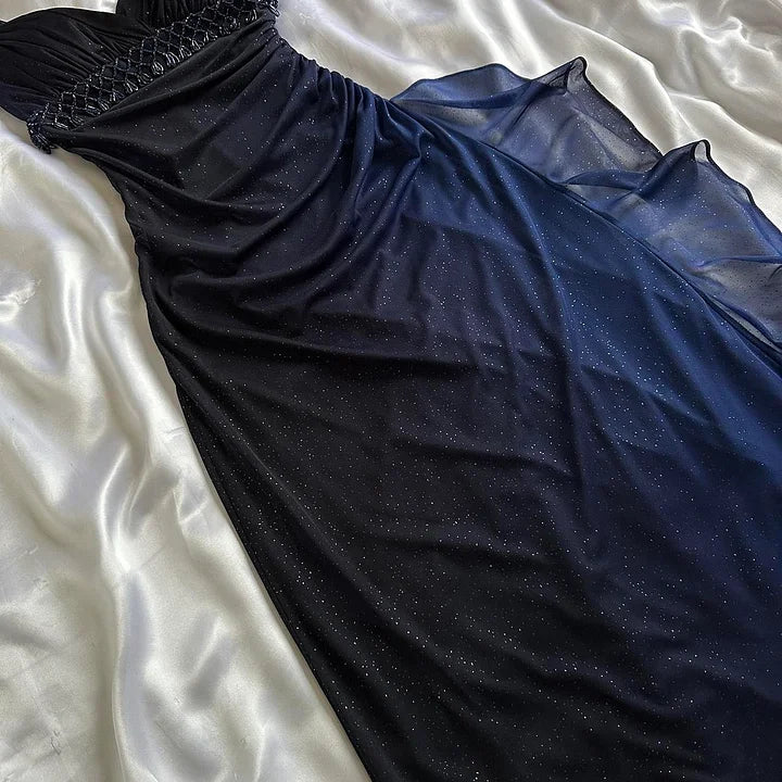 Dark blue shiny elegant exquisite beaded long chiffon prom dress, evening dress, party dress, graduation dress gh3506