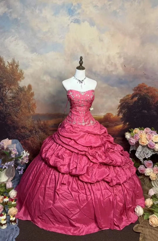 girlhomeshops-Pink Delicate Floral Long Satin Formal Ball Gown gh6288