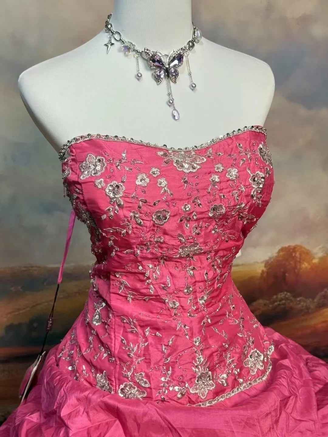 girlhomeshops - Robe de bal longue en satin rose à motif floral délicat gh6288