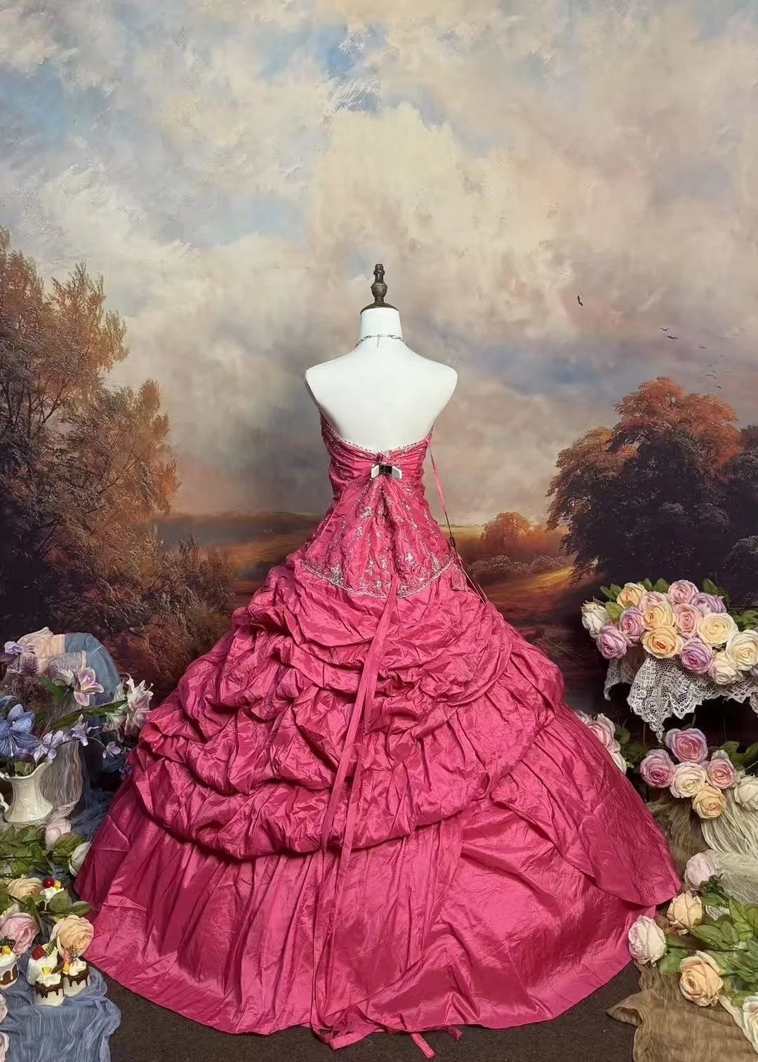 girlhomeshops - Robe de bal longue en satin rose à motif floral délicat gh6288