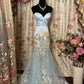 Blue floral elegant long tulle trailing ball gown evening dress gh4384