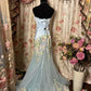 Blue floral elegant long tulle trailing ball gown evening dress gh4384