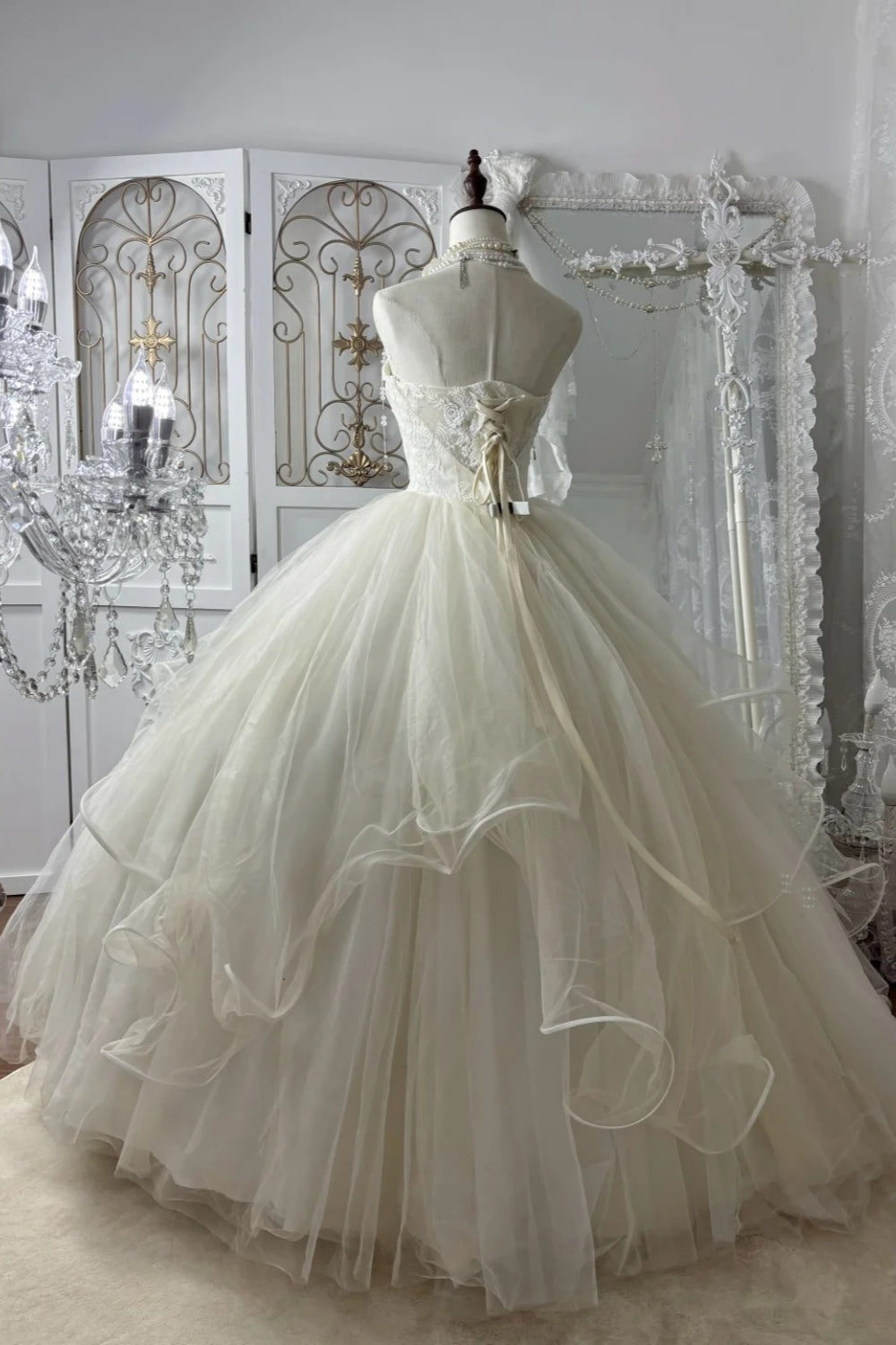 Lace Strapless Bridal Gown Pearl Shoulder Chain & Cloud Flare Hem  gh7063