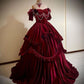 Burgundy Vintage Fashion Beaded Exquisite Lace Long Elegant Velvet Floor Length Princess Court Style Tiered Ball Gown Evening Dress gh3479