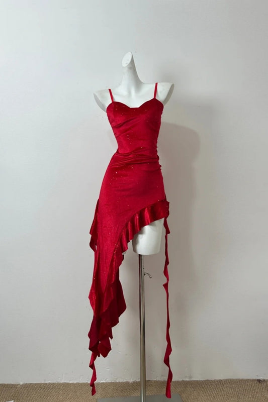 Girlhomeshops--Red Shiny Short Ruffle Satin Homecoming Dress Birthday Party Dress gh5479