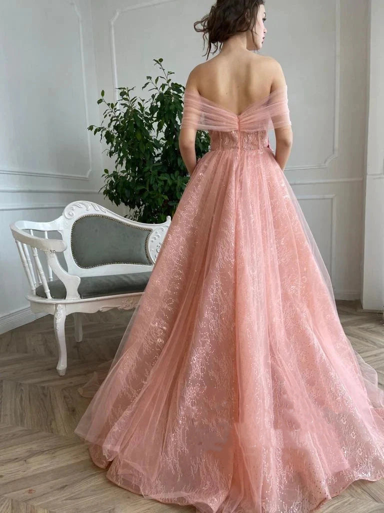 Off Shoulder Sweetheart 3D Flower Pleats Lace Pocket Tulle Prom Dresses Formal Wedding Party Gowns  gh2189