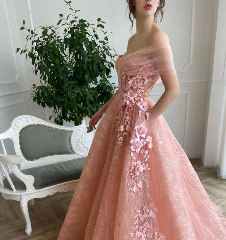 Off Shoulder Sweetheart 3D Flower Pleats Lace Pocket Tulle Prom Dresses Formal Wedding Party Gowns  gh2189
