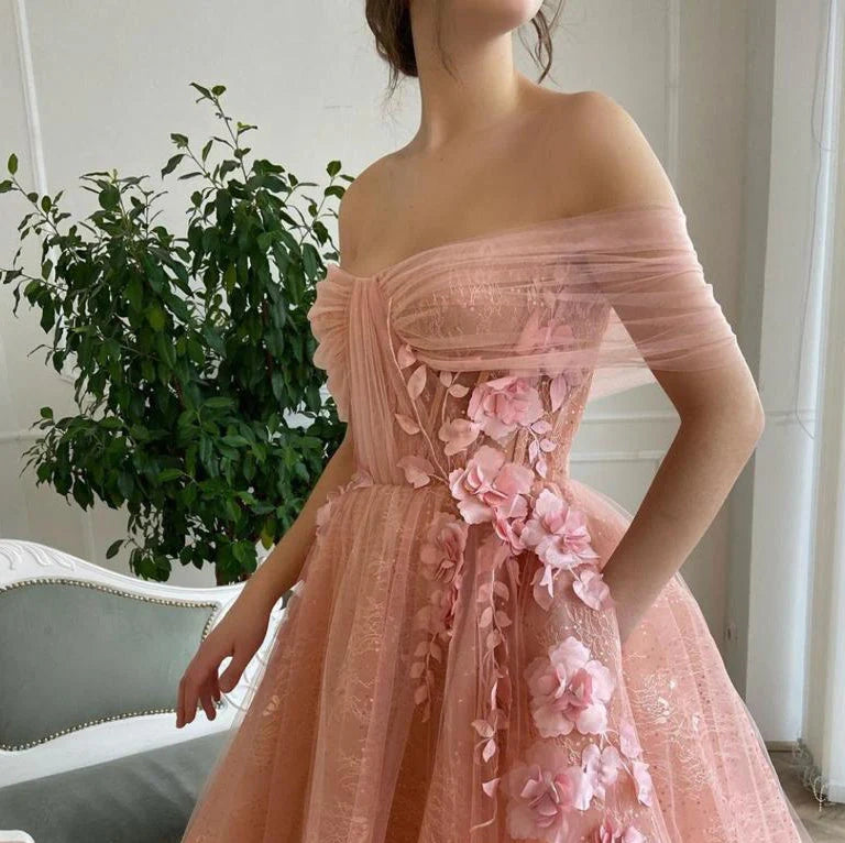 Off Shoulder Sweetheart 3D Flower Pleats Lace Pocket Tulle Prom Dresses Formal Wedding Party Gowns  gh2189