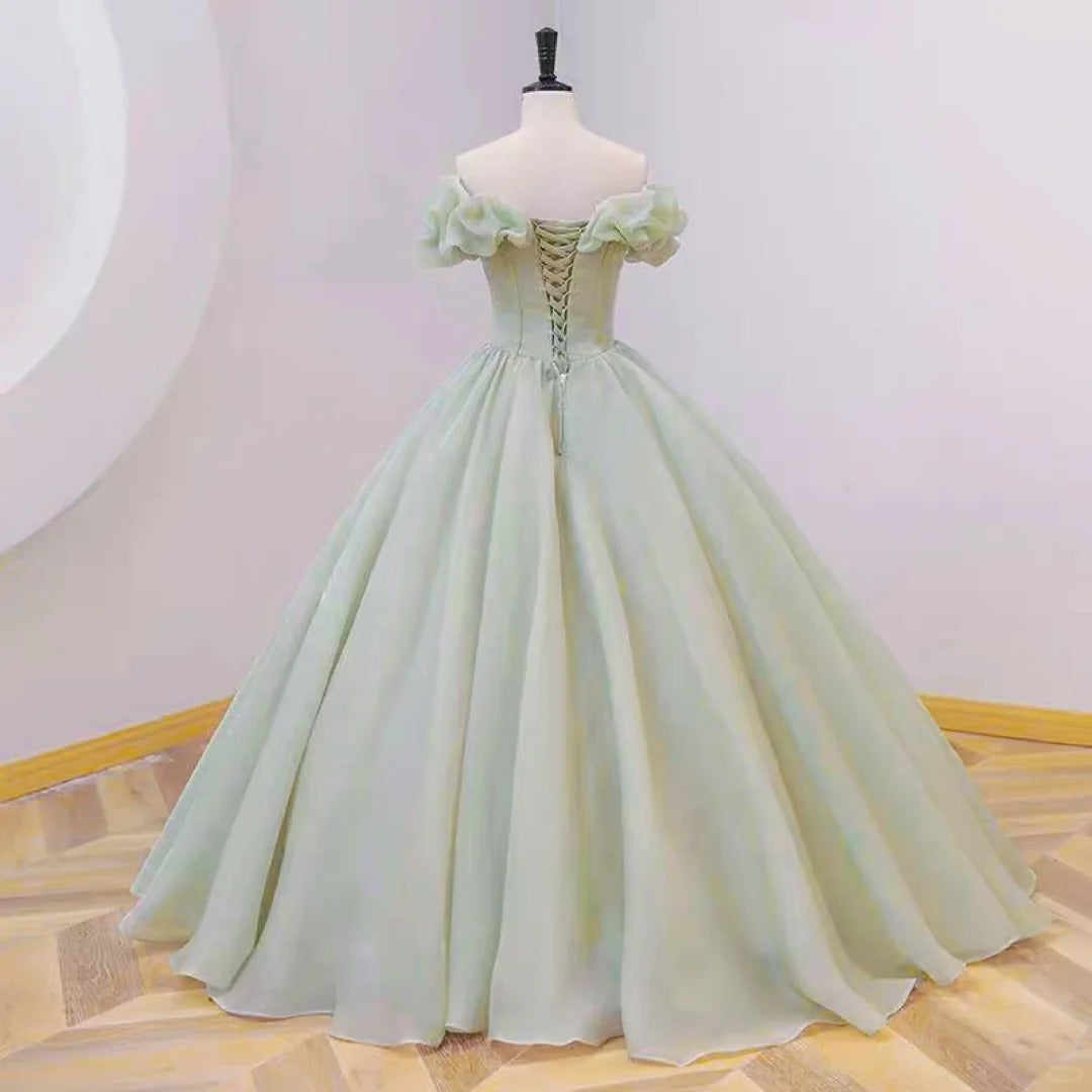 Robe de soirée longue en satin à perles et perles vertes, style féerique, gh4359