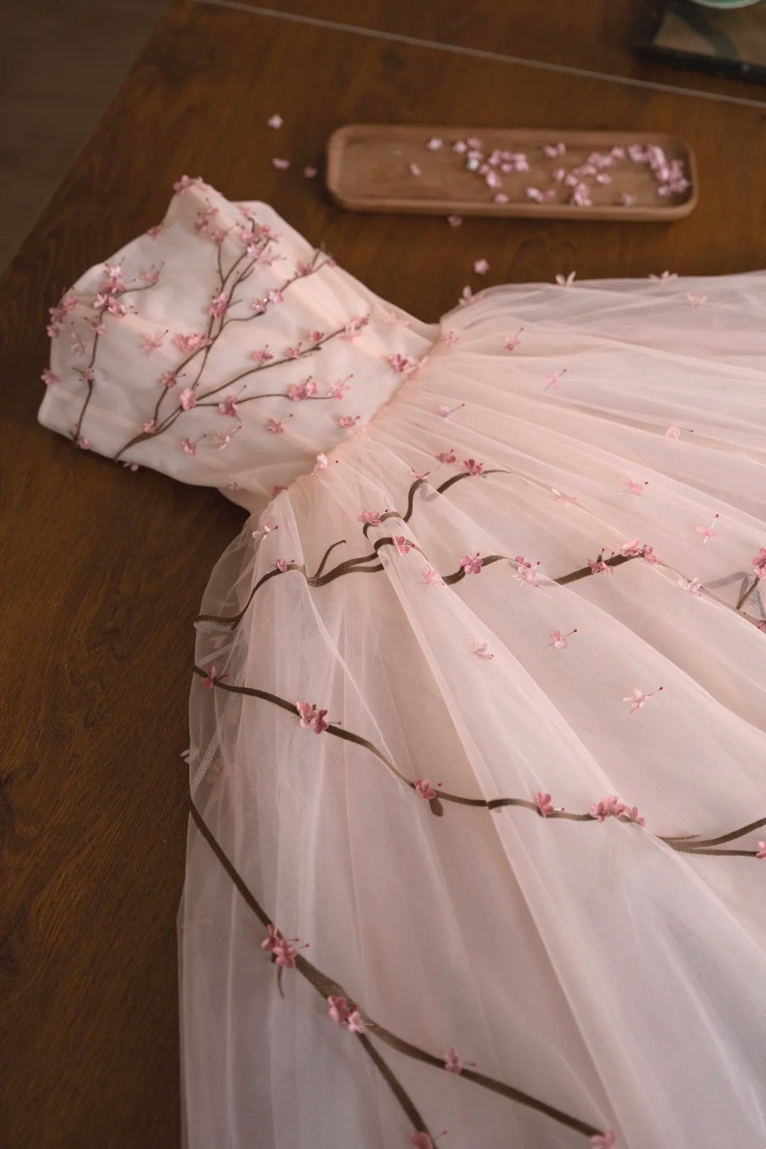 girlhomeshops- Vintage Peach Pink Plum Blossom 3D Embroidered Strapless Tulle Chinese Style Evening Gown gh6034