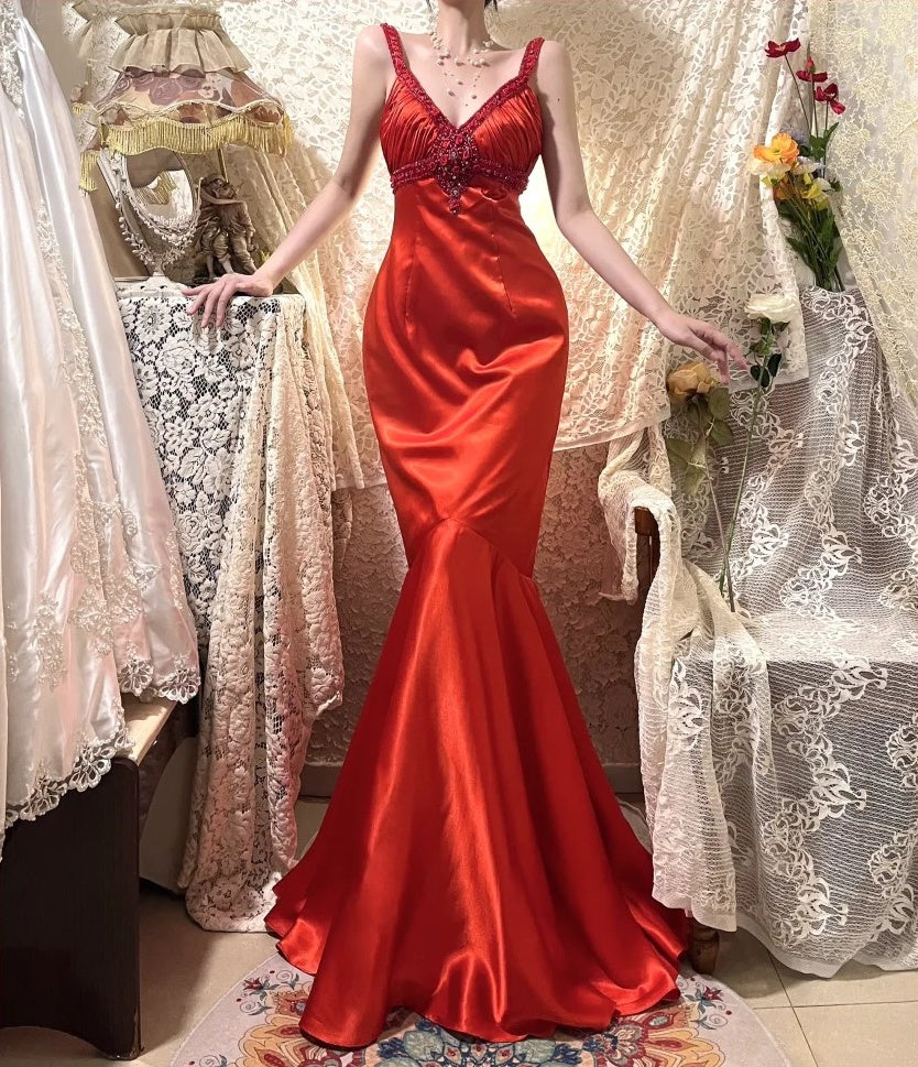 Red Vintage Floral Long Satin Prom Dress Birthday Party Dress Evening Dress gh4413