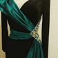Emerald Satin & Black Velvet Long-Sleeve Beaded Formal Evening Gown gh6391