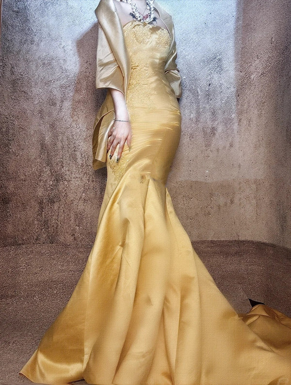 Robe de soirée longue en satin jaune, magnifique et exquise, avec perles, gh4499