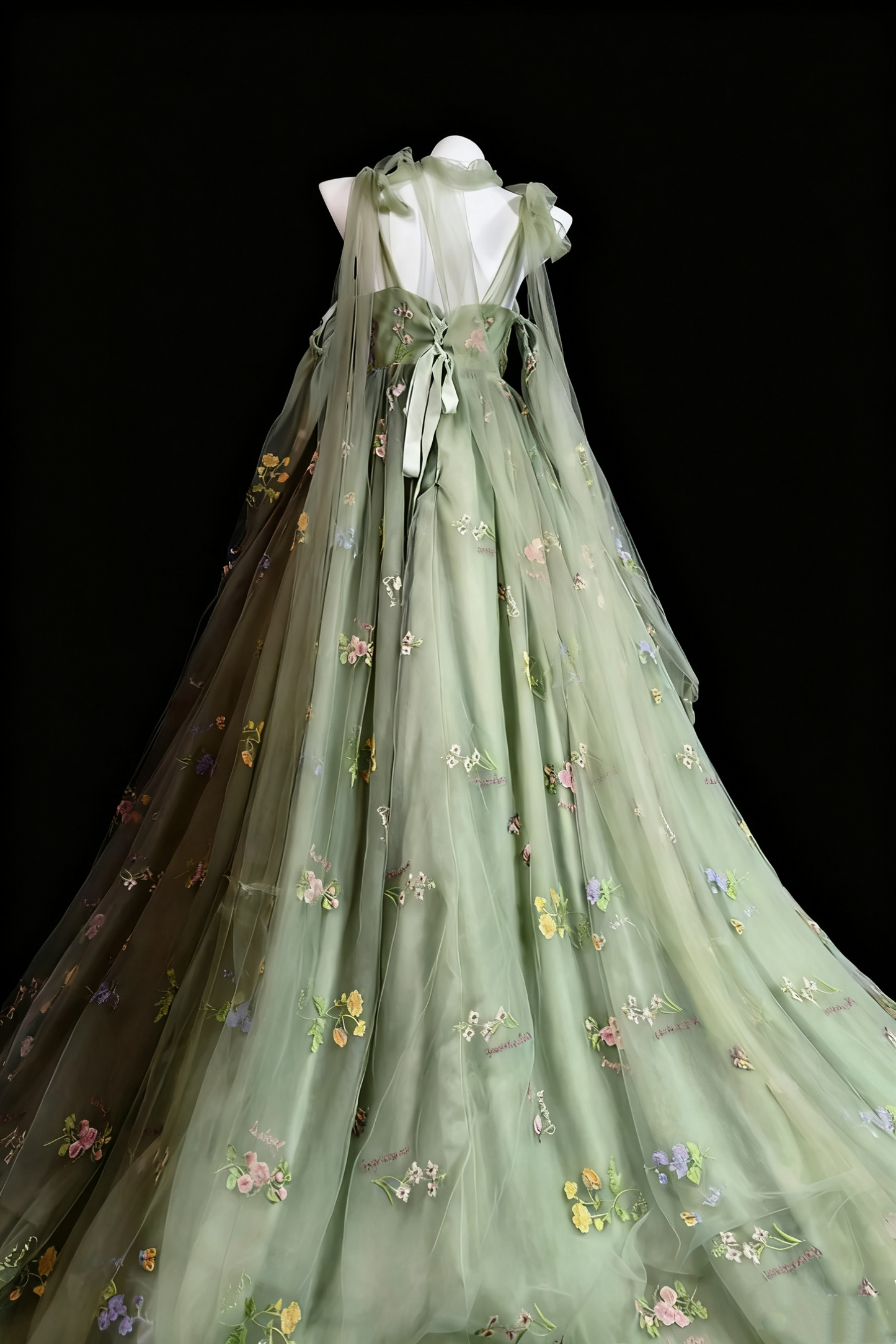 girlhomeshops-Green Delicate Floral Tulle Ball Gown gh6285