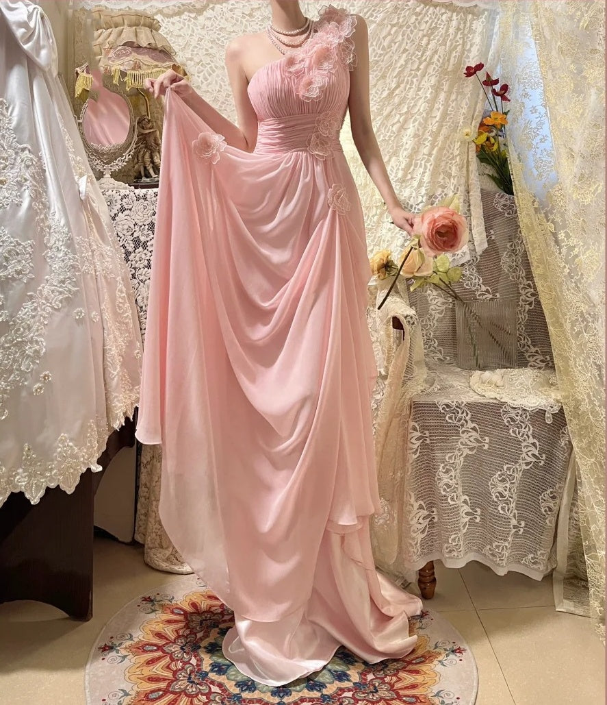 Pink Fashion One Shoulder Long Chiffon Ball Gown Evening Dress gh4430