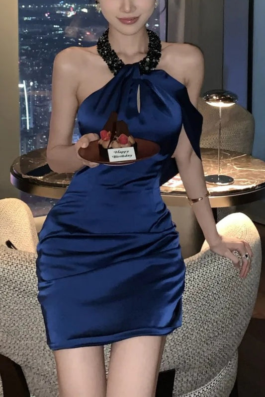 Navy blue fashionable short fashion party dress satin gh6639