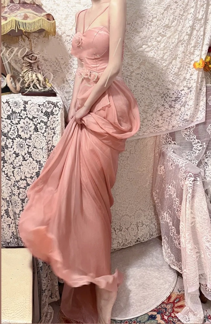 Robe de bal longue en mousseline de soie à fleurs roses, robe de soirée, robe de remise de diplôme, gh4505