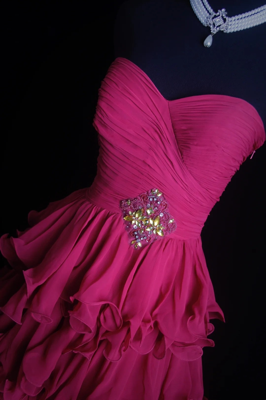 girlhomeshops-Fuchsia Chiffon Sleeveless Floor-Length Tiered Ruffled Evening Gown gh6304