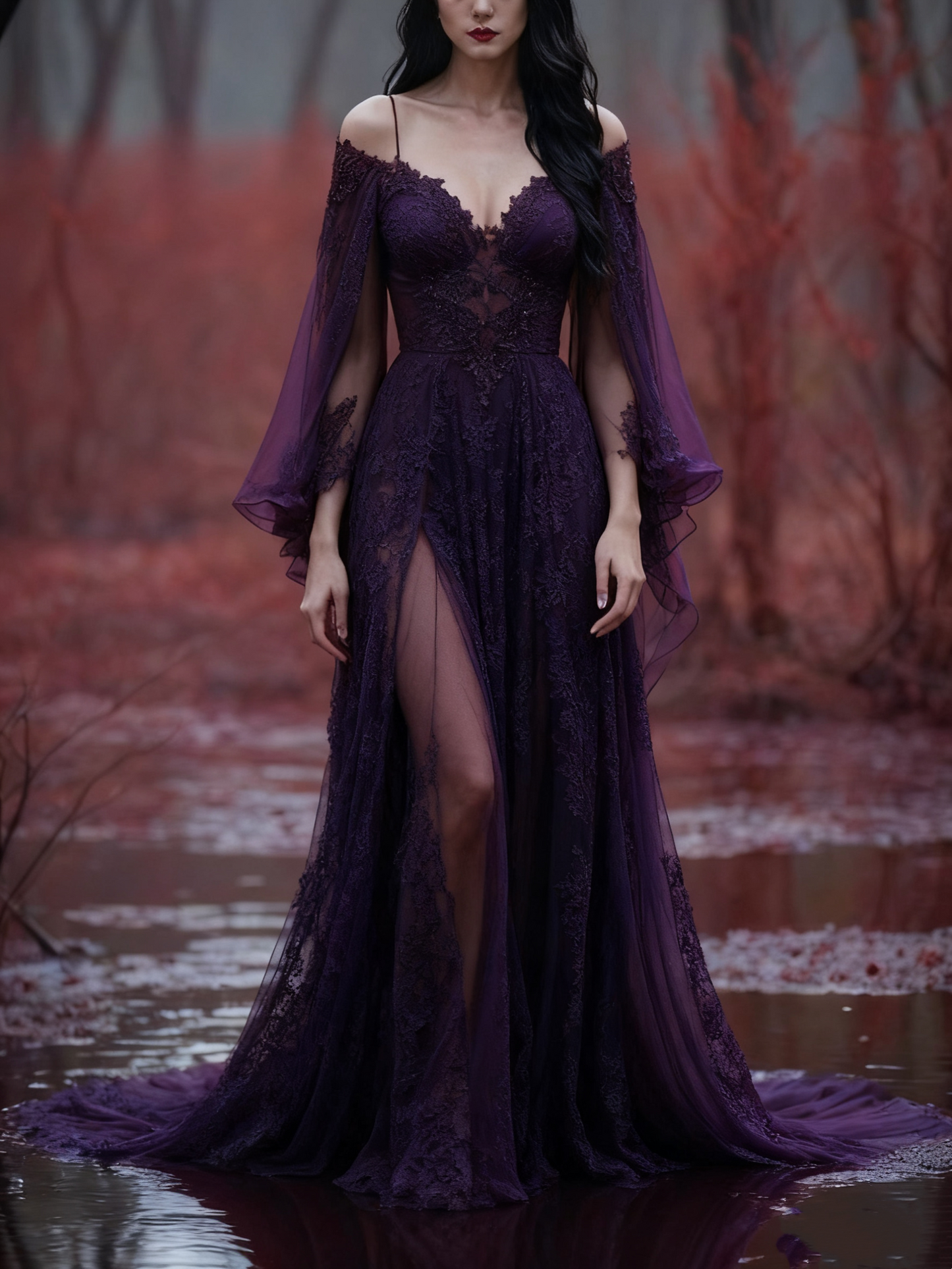 girlhomeshops-Langarm Tüll Bodenlang Schleppe Retro Elegant Ballkleid Abendkleid gh5943