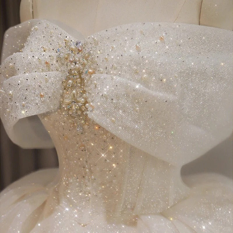 Girlhomeshops - Robe de bal élégante en dentelle blanche, magnifique, épaules dénudées, nœud, décoration en perles étoilées et sol, robe de mariée exquise gh5312