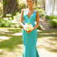Blue Elegant V Neck Long Satin prom dress Evening Dress Wedding Guest Party Dress gh3343