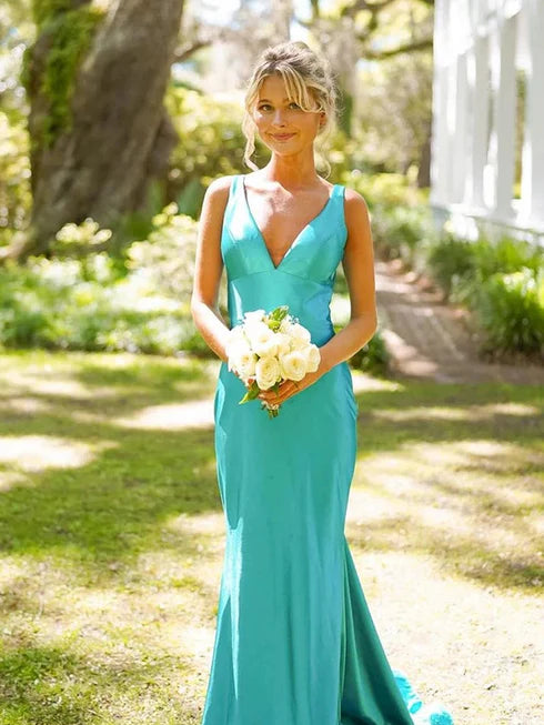Blue Elegant V Neck Long Satin prom dress Evening Dress Wedding Guest Party Dress gh3343