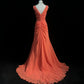 Orange Gorgeous Retro Fashion V-Neck Elegant Exquisite Pearl Beads Long Tulle Chiffon Floor-Length Trailing Ball Gown Evening Dress Prom Dress gh3872