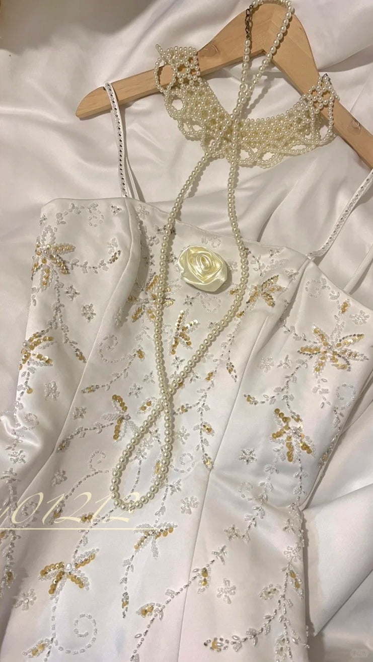 Robe de soirée longue en satin blanc et jaune, robe de mariée, décoration de perles exquise gh4509