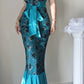 Blue Vintage Floral Elegant Long Satin Mermaid Slim Fit Ball Gown Evening Gown Party Dress gh4710