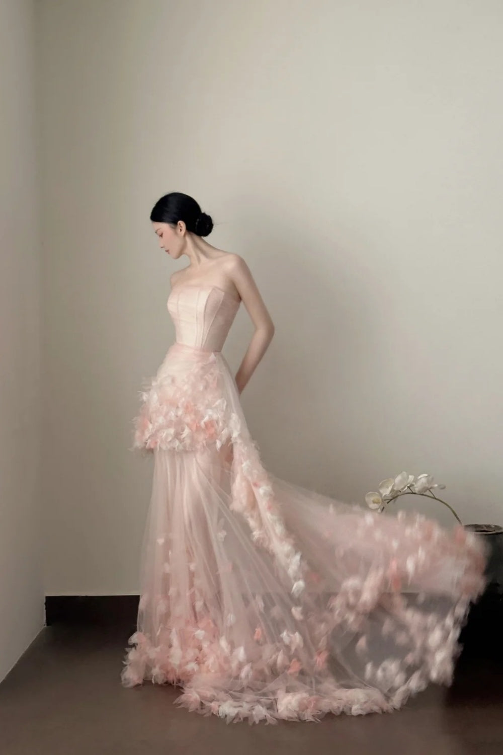 Pink Delicate Floral Long Chiffon Evening Gown Fairy Gown gh6759